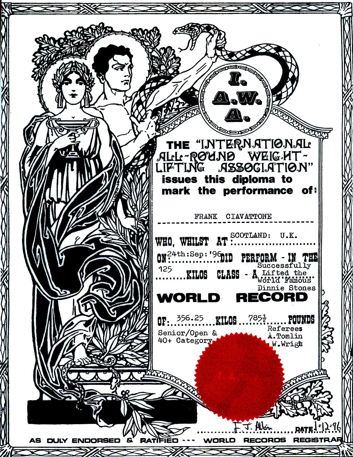 Certificate Issued by Weightlifting Association dated 1st December 1996,